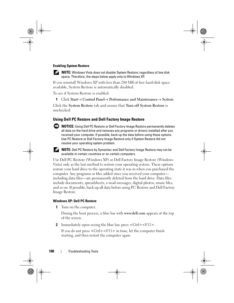 Enabling system restore, Windows xp: dell pc restore | Dell Inspiron 530 User Manual | Page 100 / 226