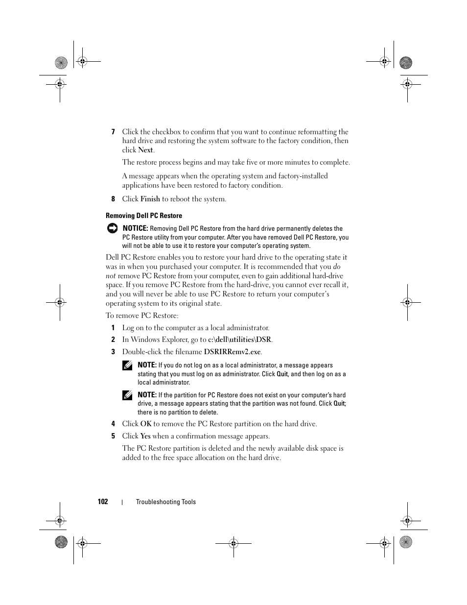 Removing dell pc restore | Dell Inspiron 530 User Manual | Page 102 / 226