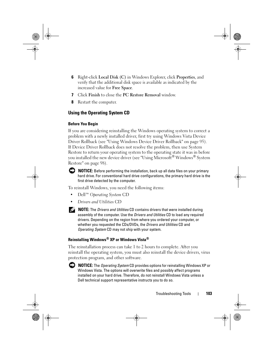 Using the operating system cd, Before you begin, Reinstalling windows® xp or windows vista | Dell Inspiron 530 User Manual | Page 103 / 226