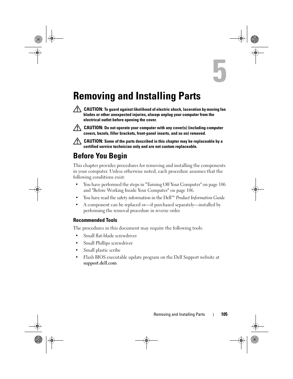 Removing and installing parts, Before you begin, Recommended tools | Dell Inspiron 530 User Manual | Page 105 / 226