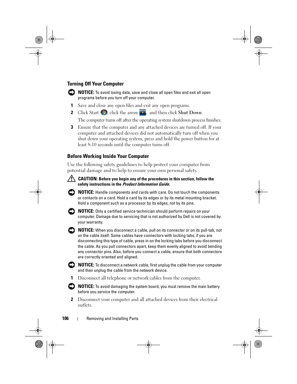 Turning off your computer, Before working inside your computer | Dell Inspiron 530 User Manual | Page 106 / 226