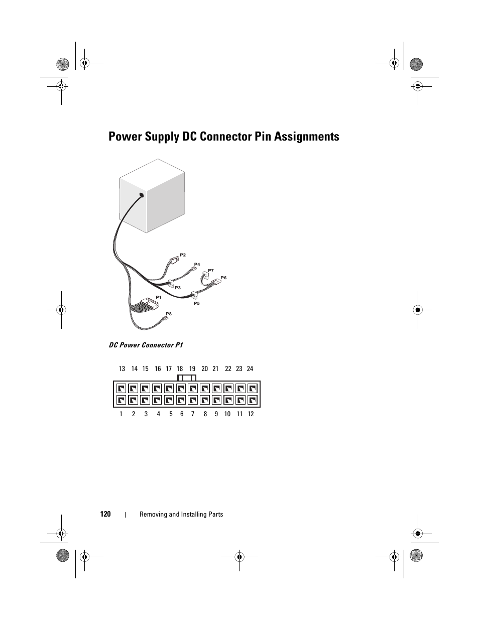 Power supply dc connector pin assignments | Dell Inspiron 530 User Manual | Page 120 / 226