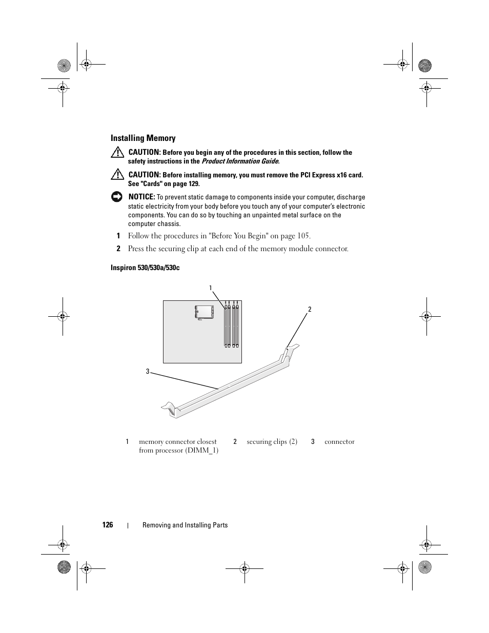 Installing memory, Inspiron 530/530a/530c, Modules (see "installing memory" on | Dell Inspiron 530 User Manual | Page 126 / 226