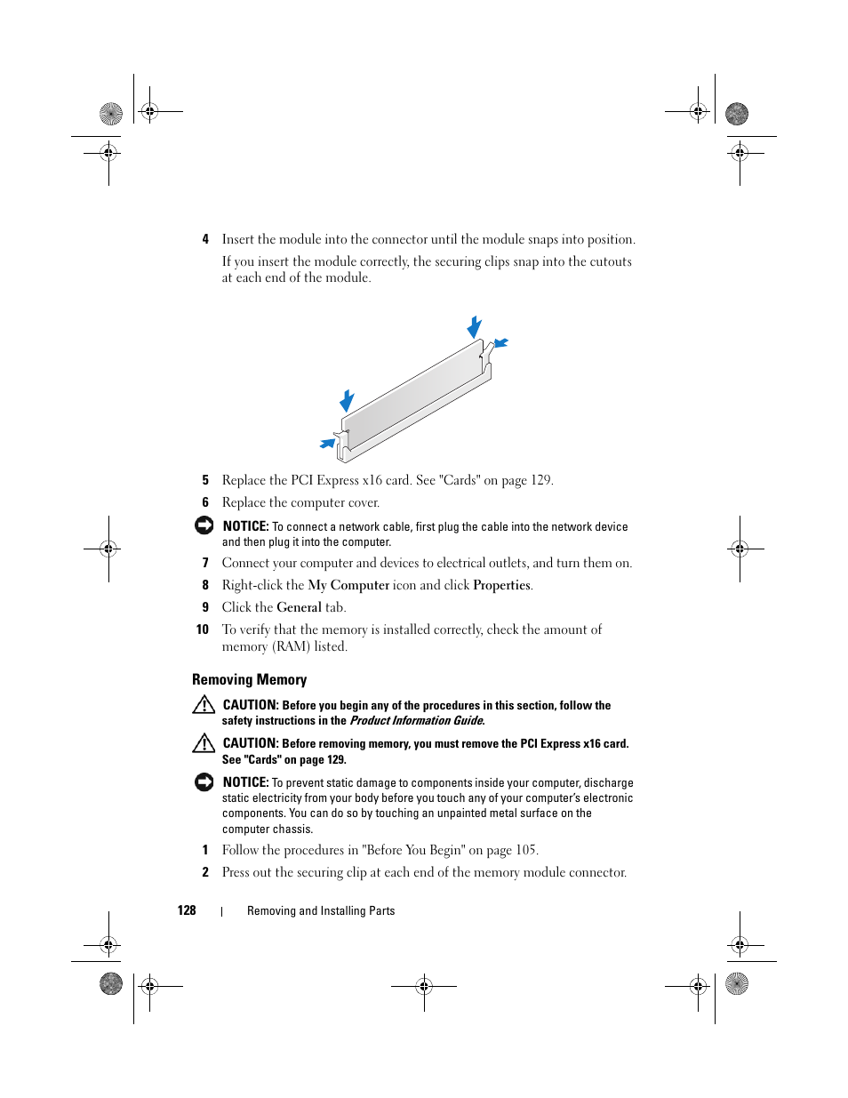 Removing memory | Dell Inspiron 530 User Manual | Page 128 / 226