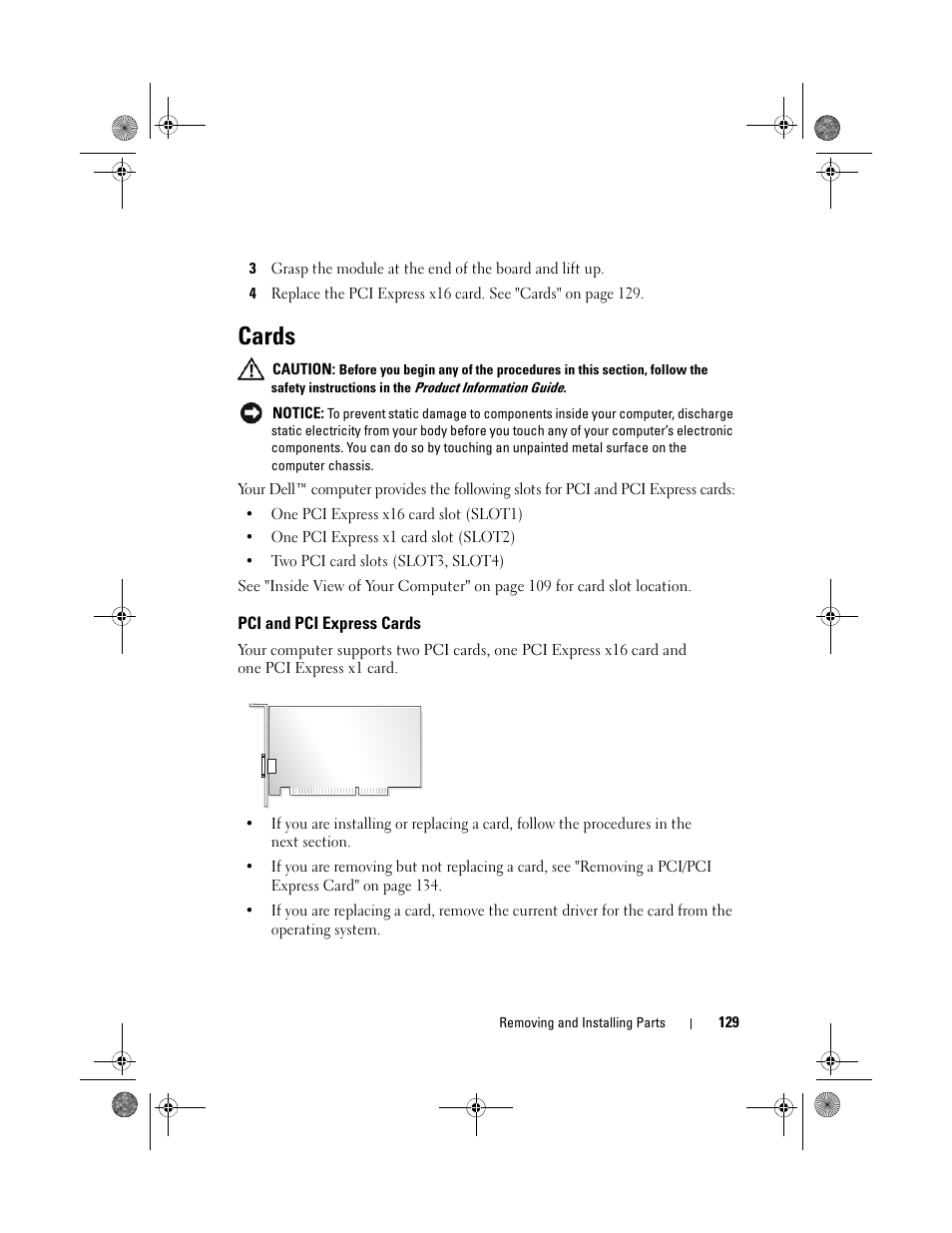 Cards, Pci and pci express cards | Dell Inspiron 530 User Manual | Page 129 / 226