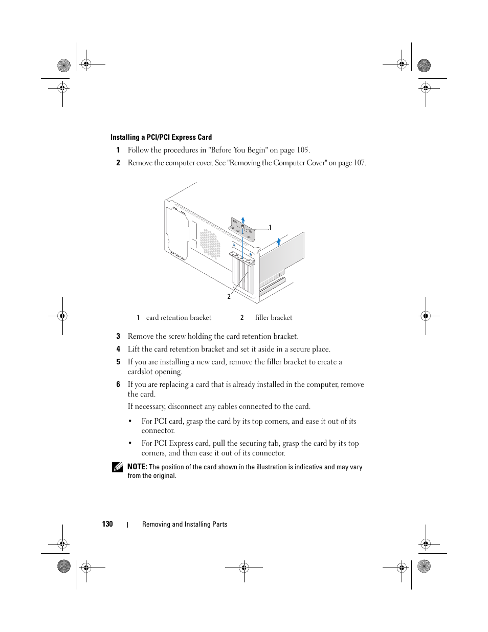 Installing a pci/pci express card | Dell Inspiron 530 User Manual | Page 130 / 226