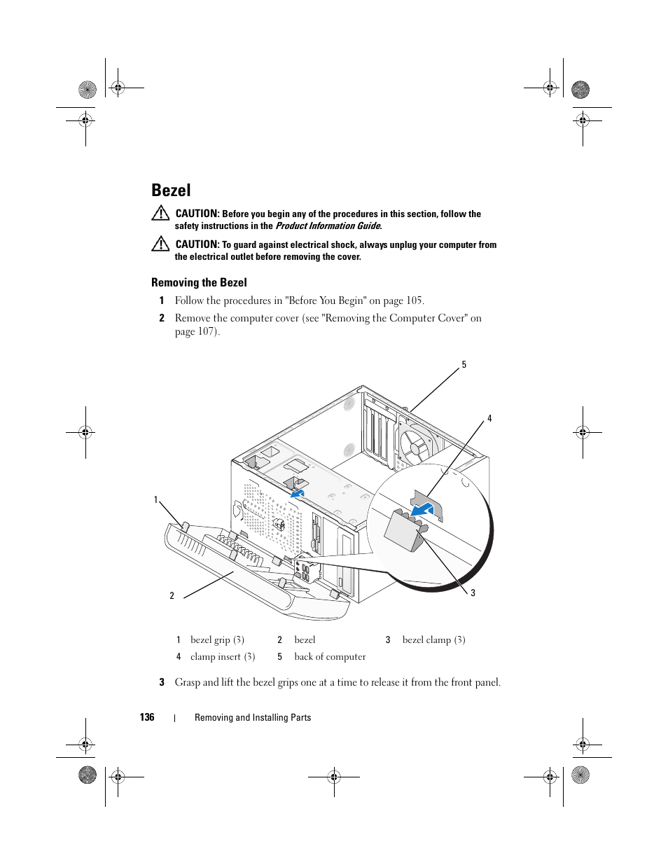 Bezel, Removing the bezel | Dell Inspiron 530 User Manual | Page 136 / 226