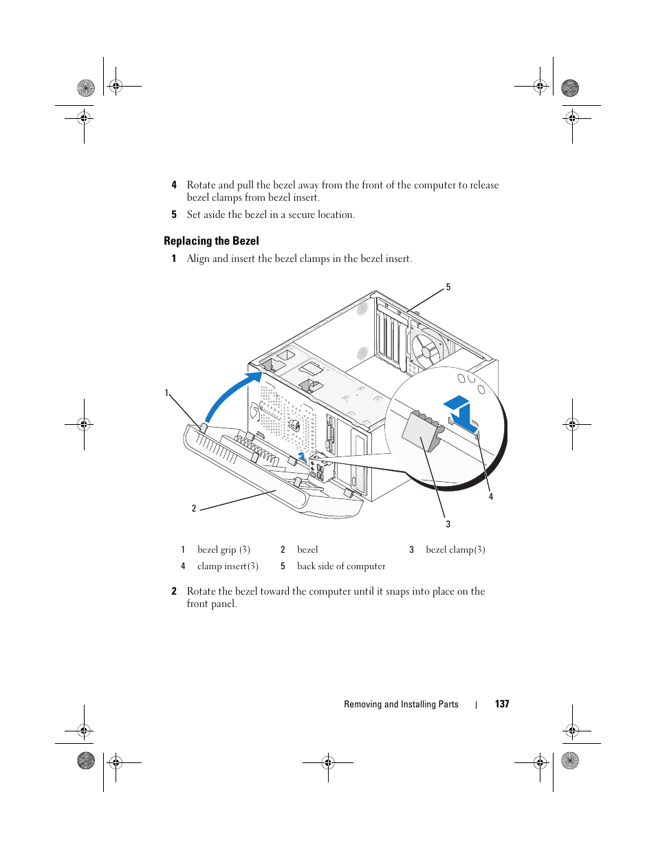 Replacing the bezel | Dell Inspiron 530 User Manual | Page 137 / 226