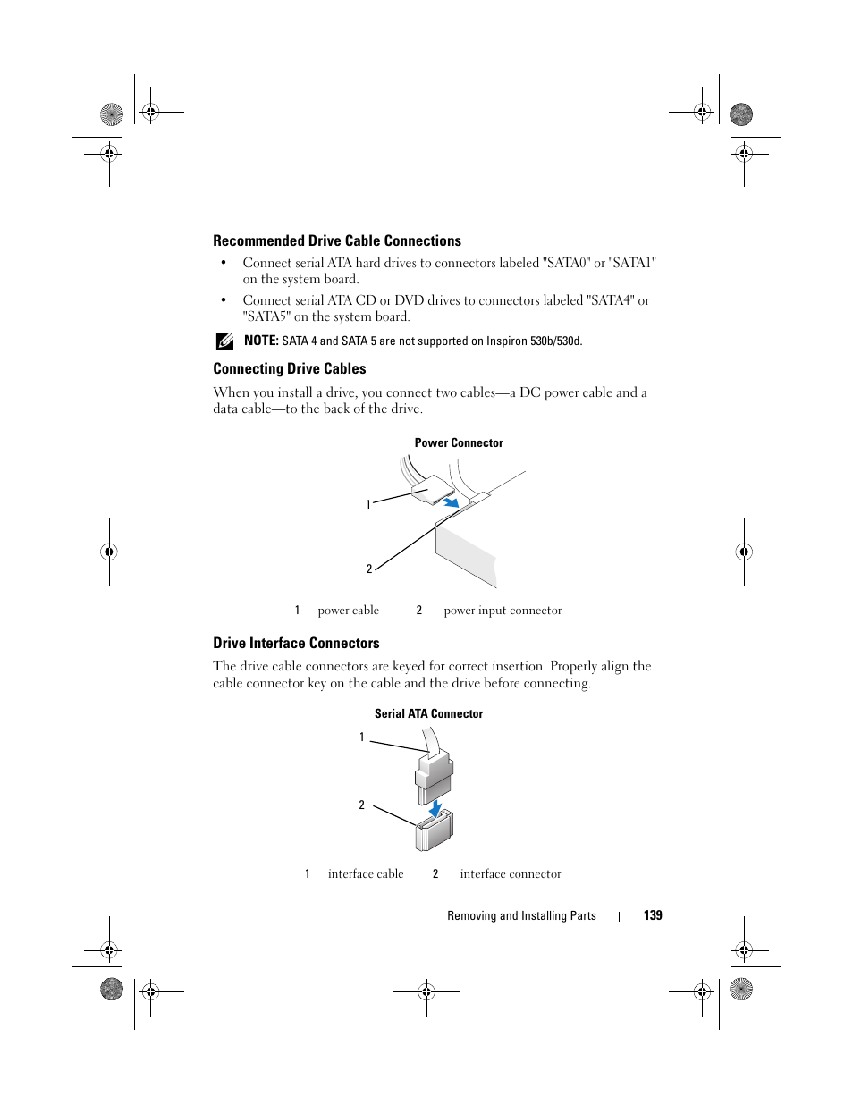 Recommended drive cable connections, Connecting drive cables, Drive interface connectors | Dell Inspiron 530 User Manual | Page 139 / 226