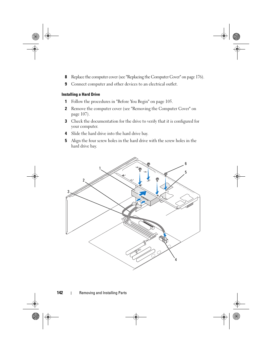 Installing a hard drive | Dell Inspiron 530 User Manual | Page 142 / 226