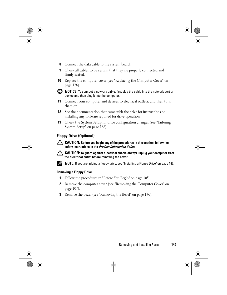 Floppy drive (optional), Removing a floppy drive | Dell Inspiron 530 User Manual | Page 145 / 226