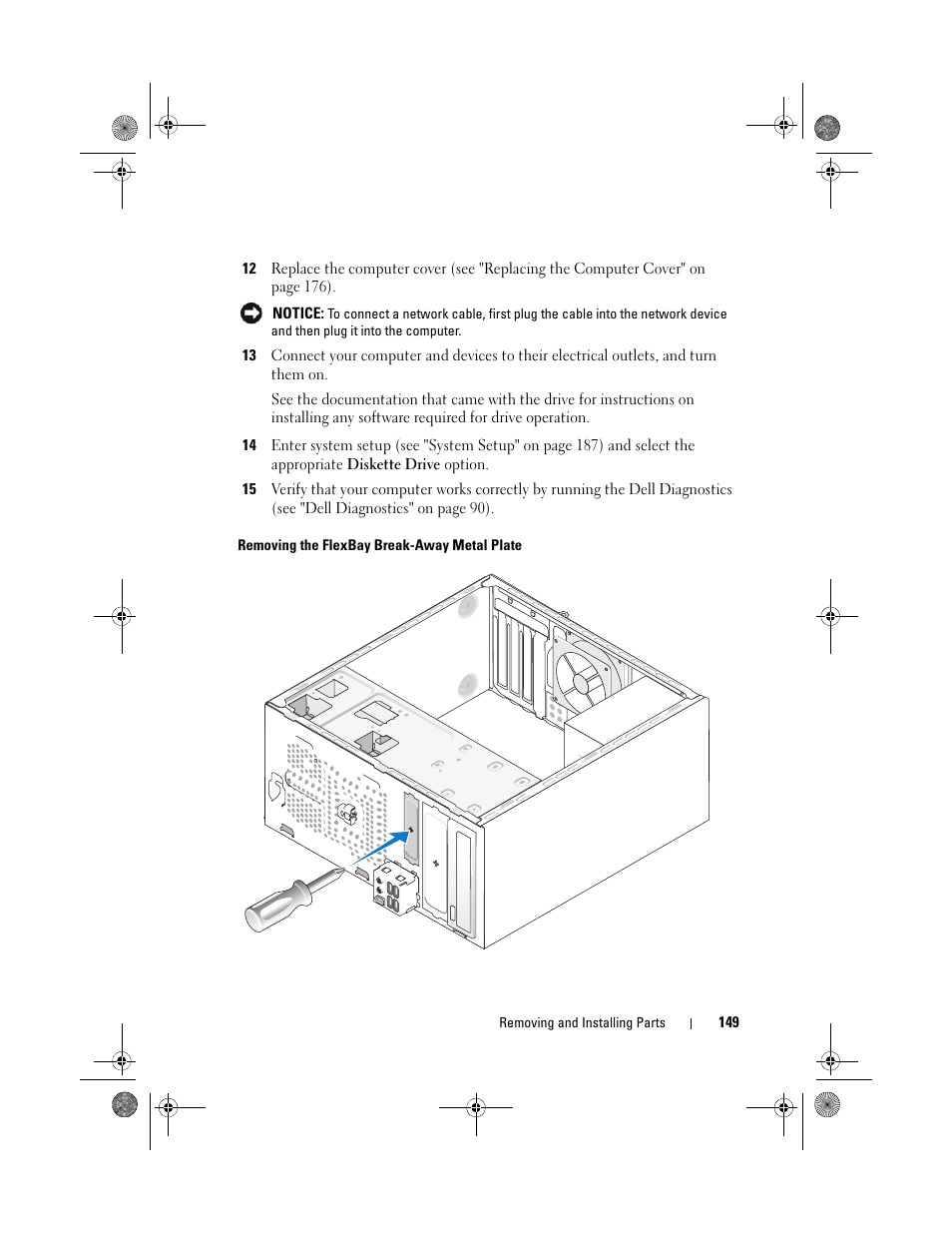 Removing the flexbay break-away metal plate | Dell Inspiron 530 User Manual | Page 149 / 226