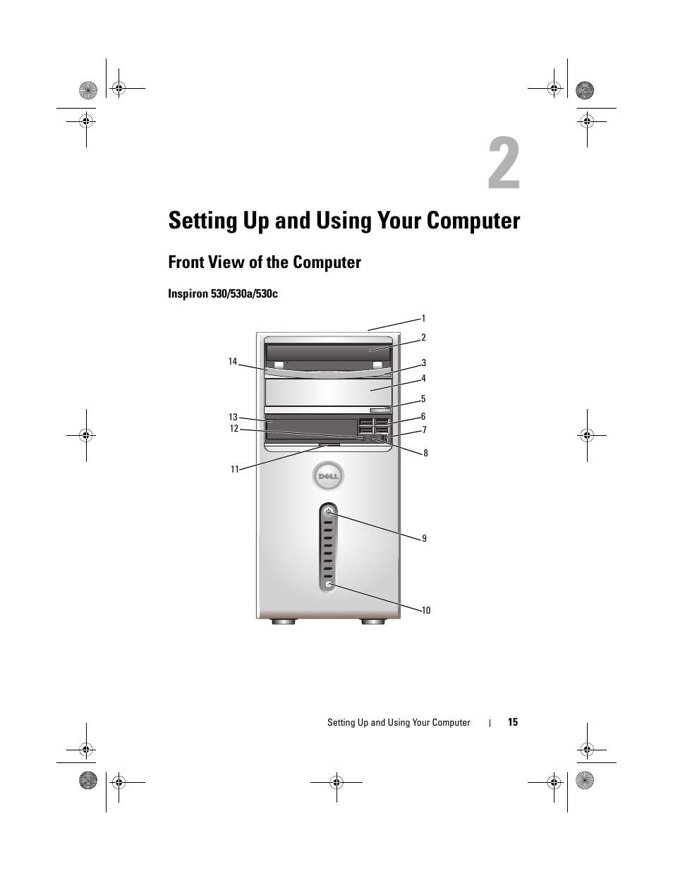 Setting up and using your computer, Front view of the computer, Inspiron 530/530a/530c | Dell Inspiron 530 User Manual | Page 15 / 226