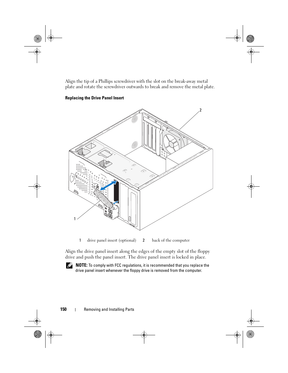 Replacing the drive panel insert | Dell Inspiron 530 User Manual | Page 150 / 226