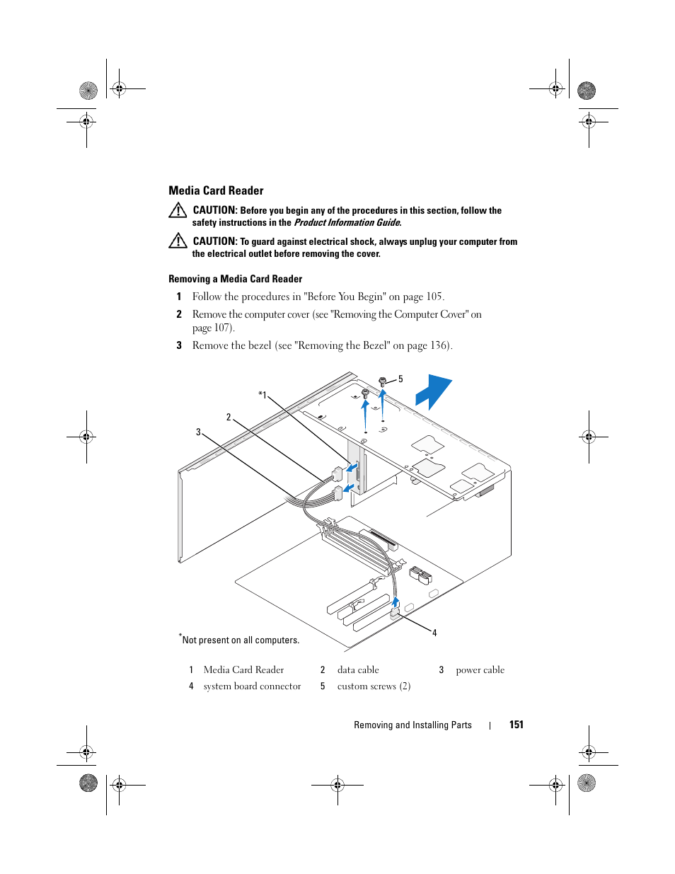 Media card reader, Removing a media card reader | Dell Inspiron 530 User Manual | Page 151 / 226