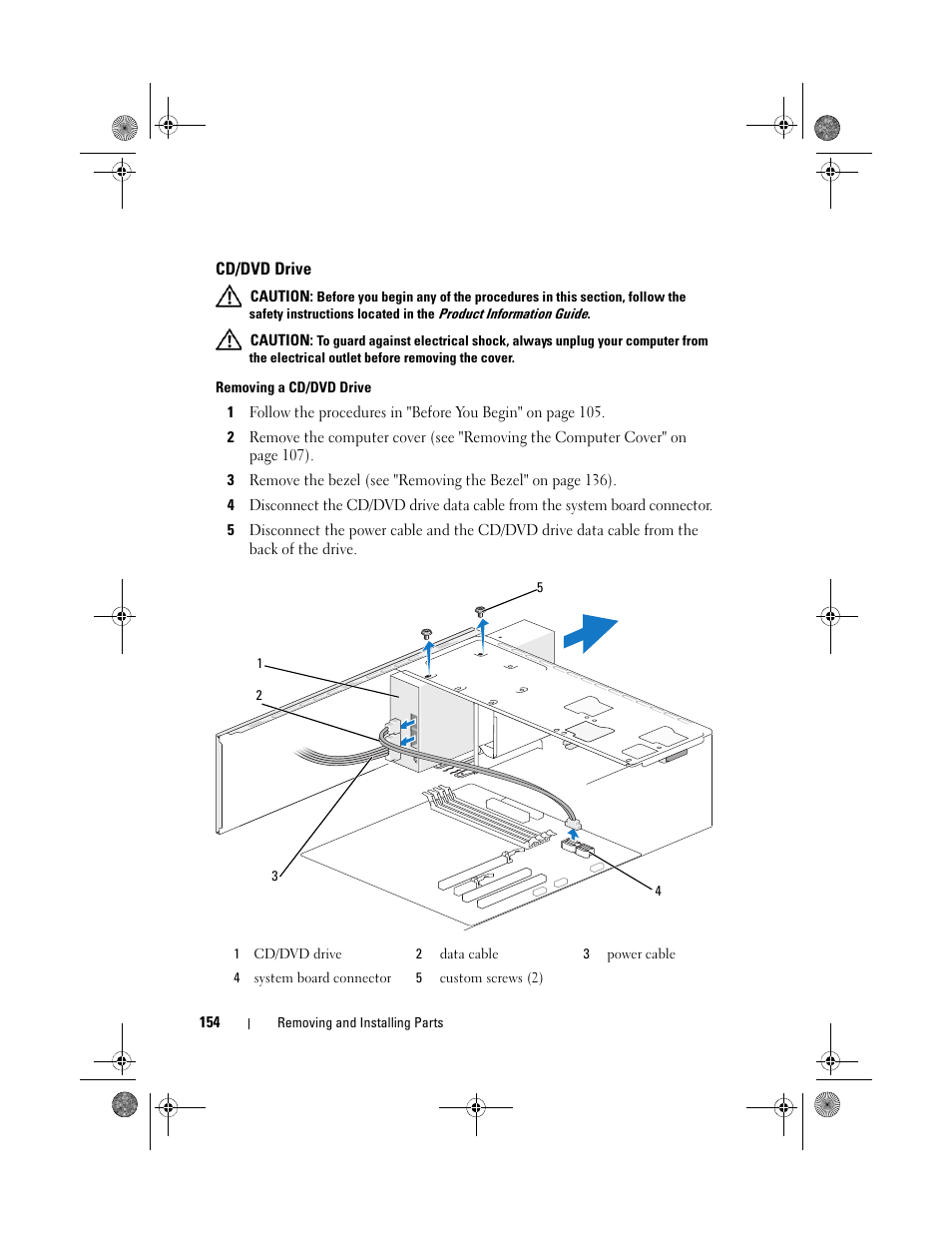 Cd/dvd drive, Removing a cd/dvd drive | Dell Inspiron 530 User Manual | Page 154 / 226