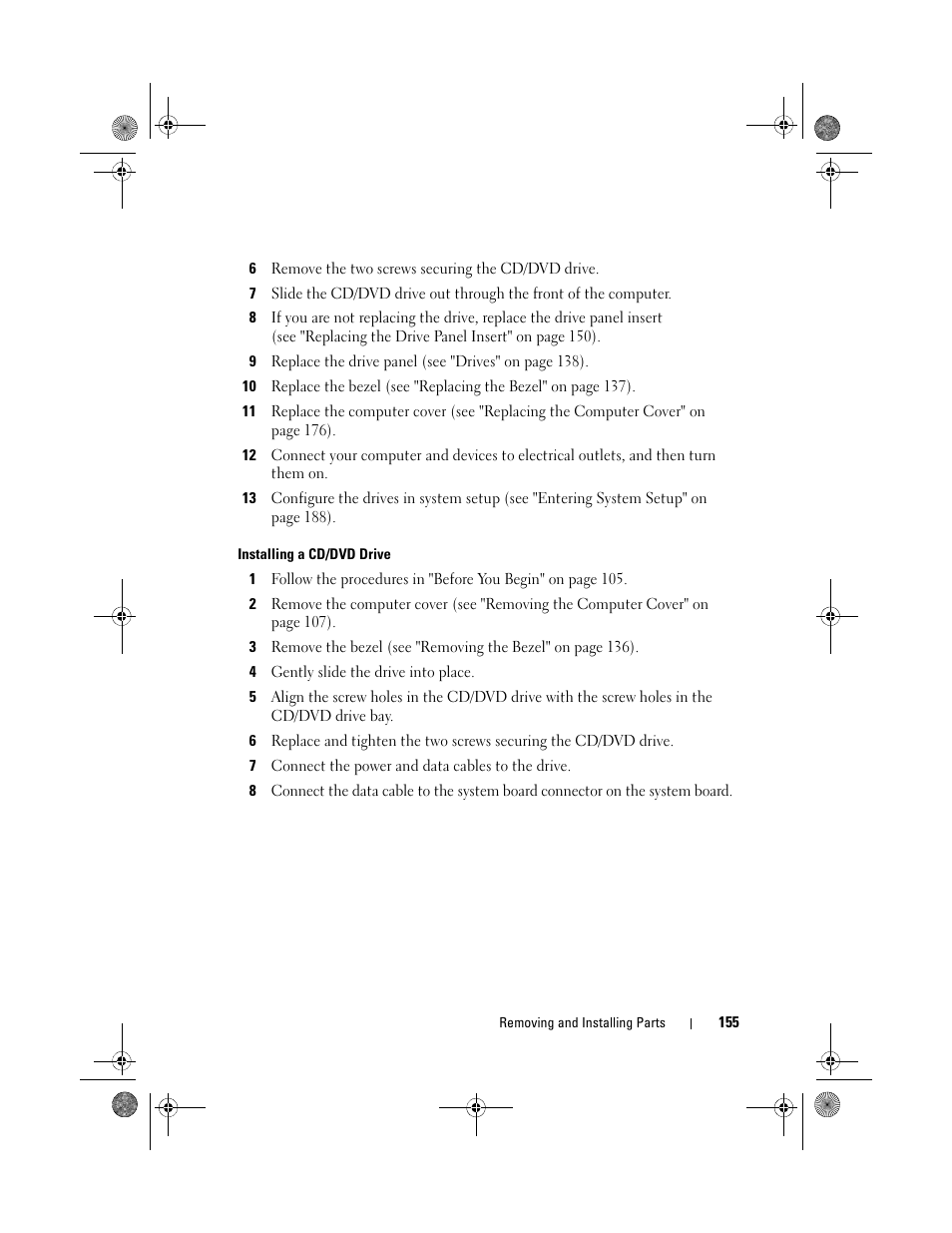 Installing a cd/dvd drive | Dell Inspiron 530 User Manual | Page 155 / 226