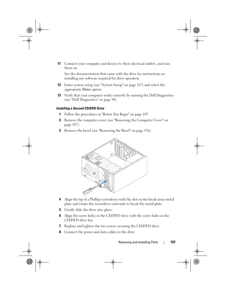 Installing a second cd/dvd drive | Dell Inspiron 530 User Manual | Page 157 / 226