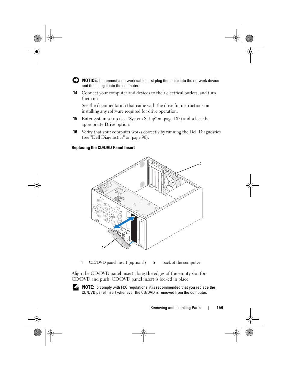 Replacing the cd/dvd panel insert | Dell Inspiron 530 User Manual | Page 159 / 226