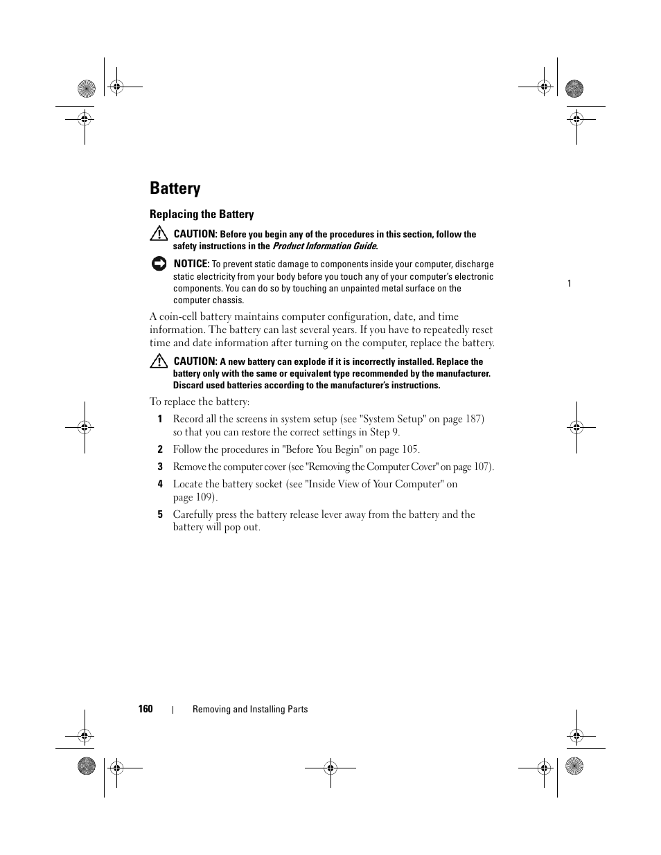 Battery, Replacing the battery | Dell Inspiron 530 User Manual | Page 160 / 226