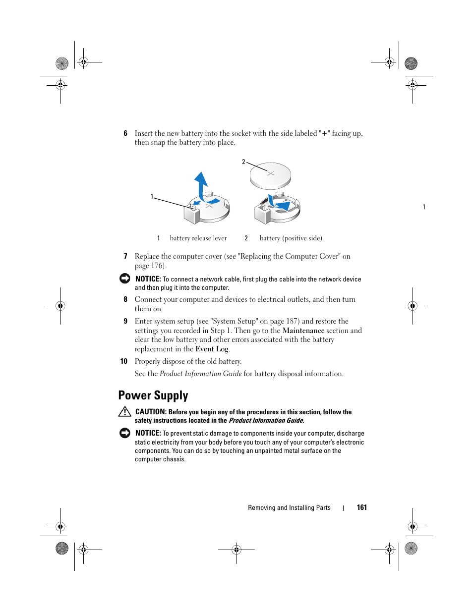 Power supply, Ect settings in step 9 | Dell Inspiron 530 User Manual | Page 161 / 226