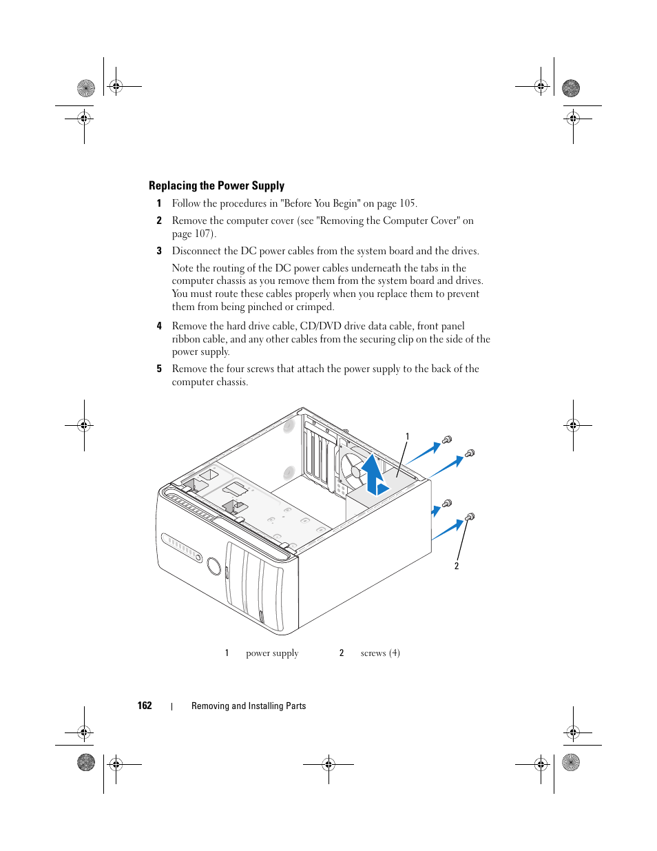 Replacing the power supply | Dell Inspiron 530 User Manual | Page 162 / 226