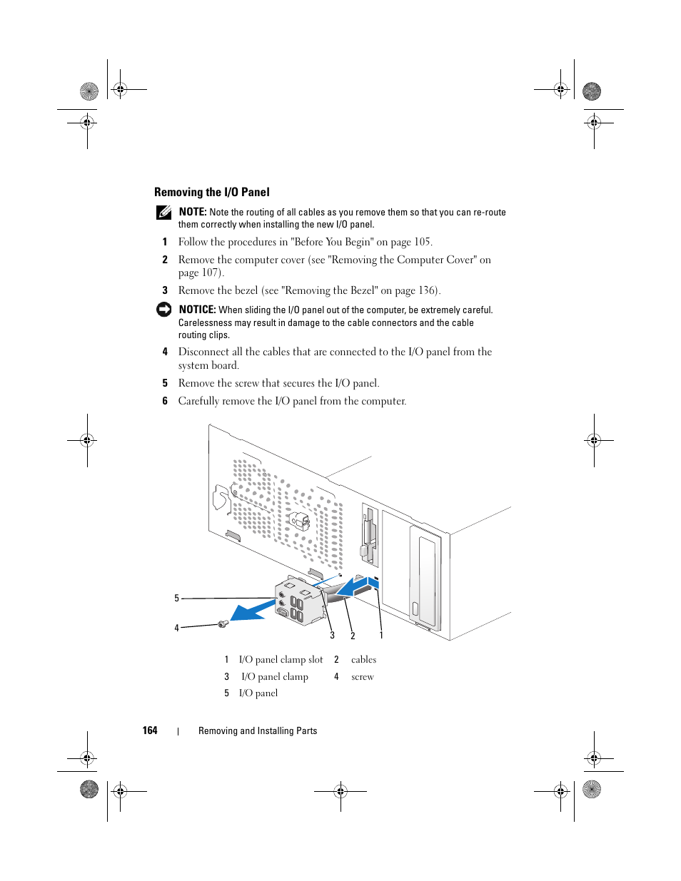 Removing the i/o panel | Dell Inspiron 530 User Manual | Page 164 / 226