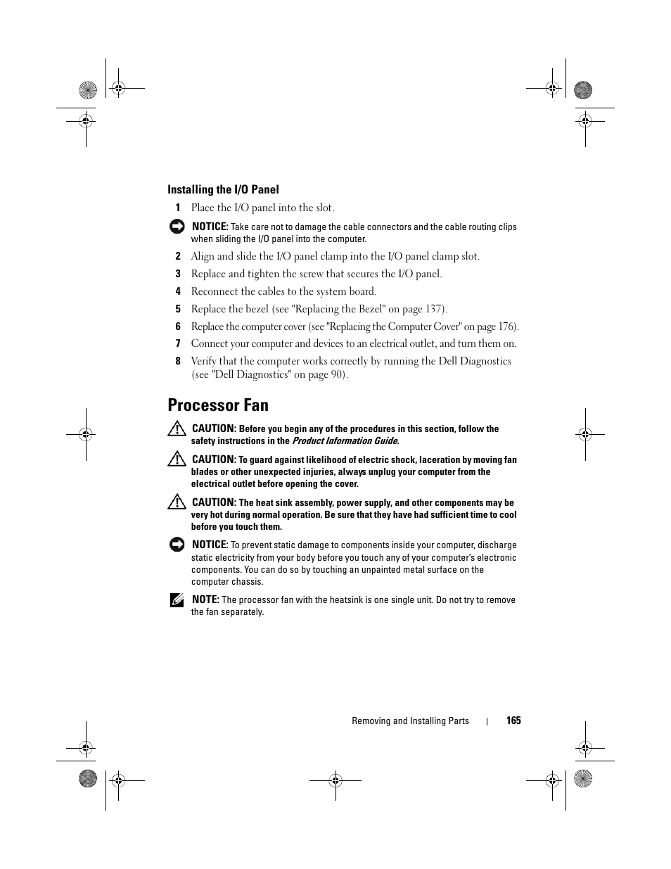 Installing the i/o panel, Processor fan | Dell Inspiron 530 User Manual | Page 165 / 226