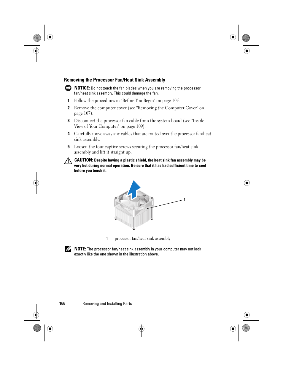 Removing the processor fan/heat sink assembly, U fan. see "removing the | Dell Inspiron 530 User Manual | Page 166 / 226