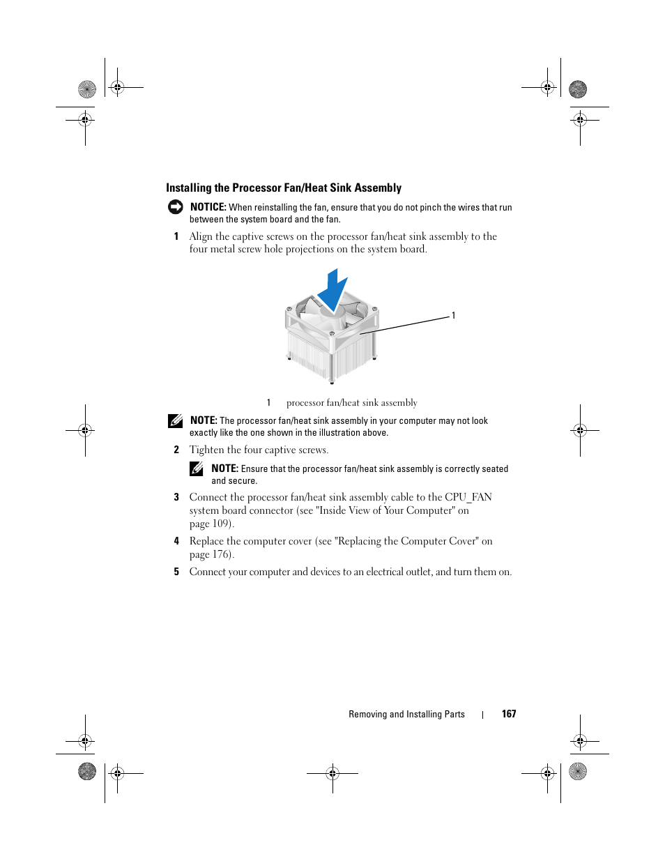 Installing the processor fan/heat sink assembly | Dell Inspiron 530 User Manual | Page 167 / 226