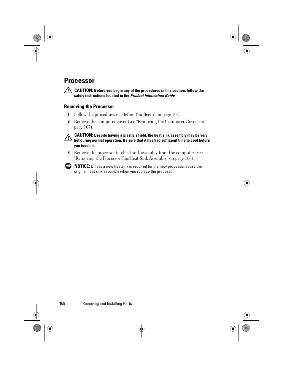 Processor, Removing the processor | Dell Inspiron 530 User Manual | Page 168 / 226