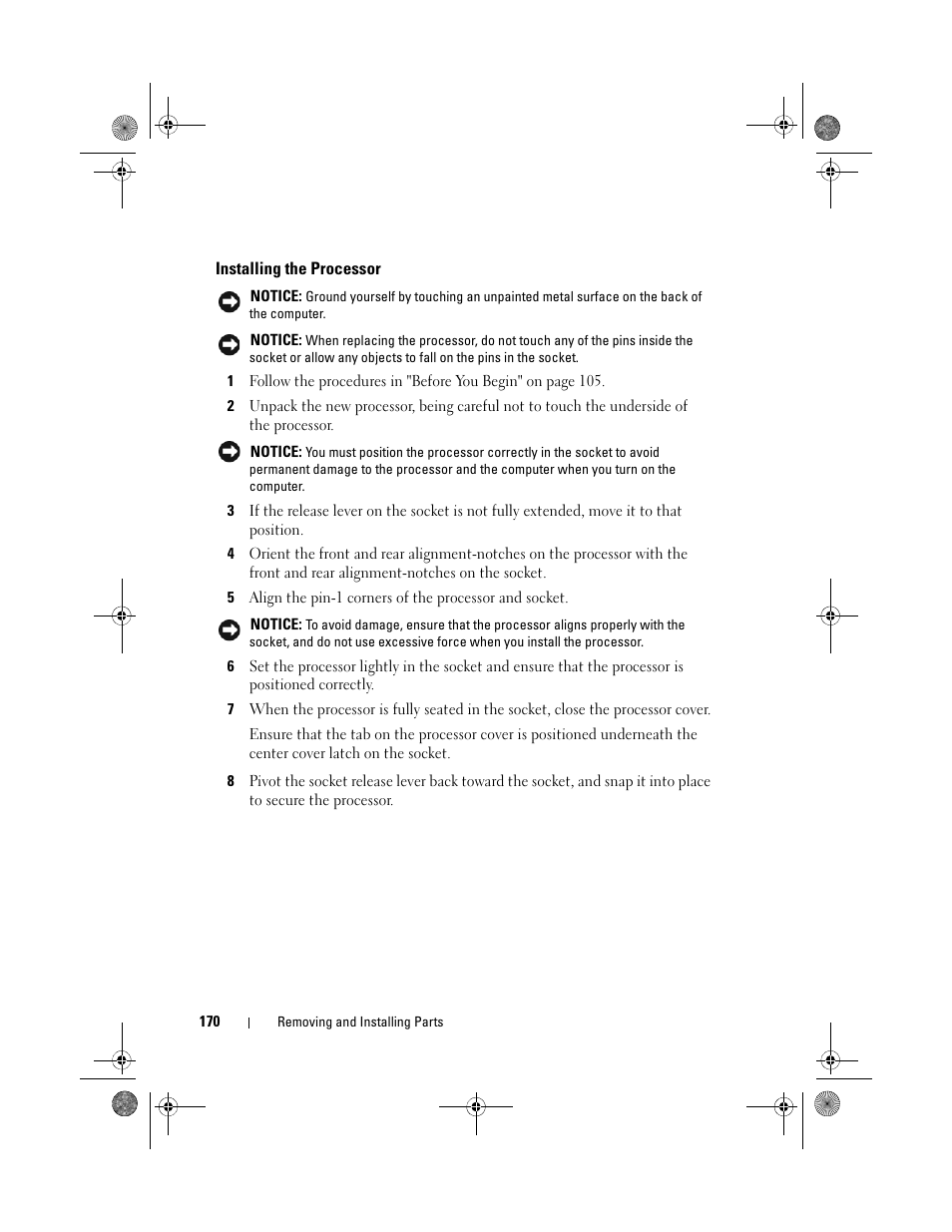 Installing the processor | Dell Inspiron 530 User Manual | Page 170 / 226