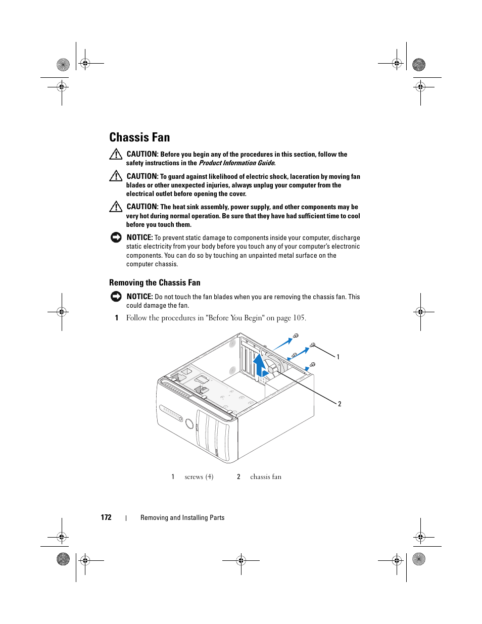 Chassis fan, Removing the chassis fan | Dell Inspiron 530 User Manual | Page 172 / 226