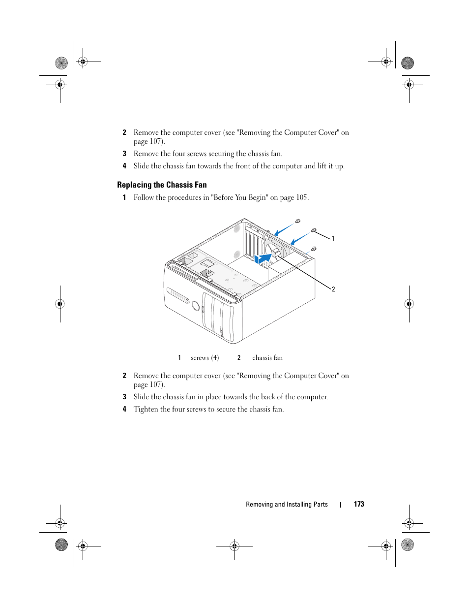 Replacing the chassis fan | Dell Inspiron 530 User Manual | Page 173 / 226