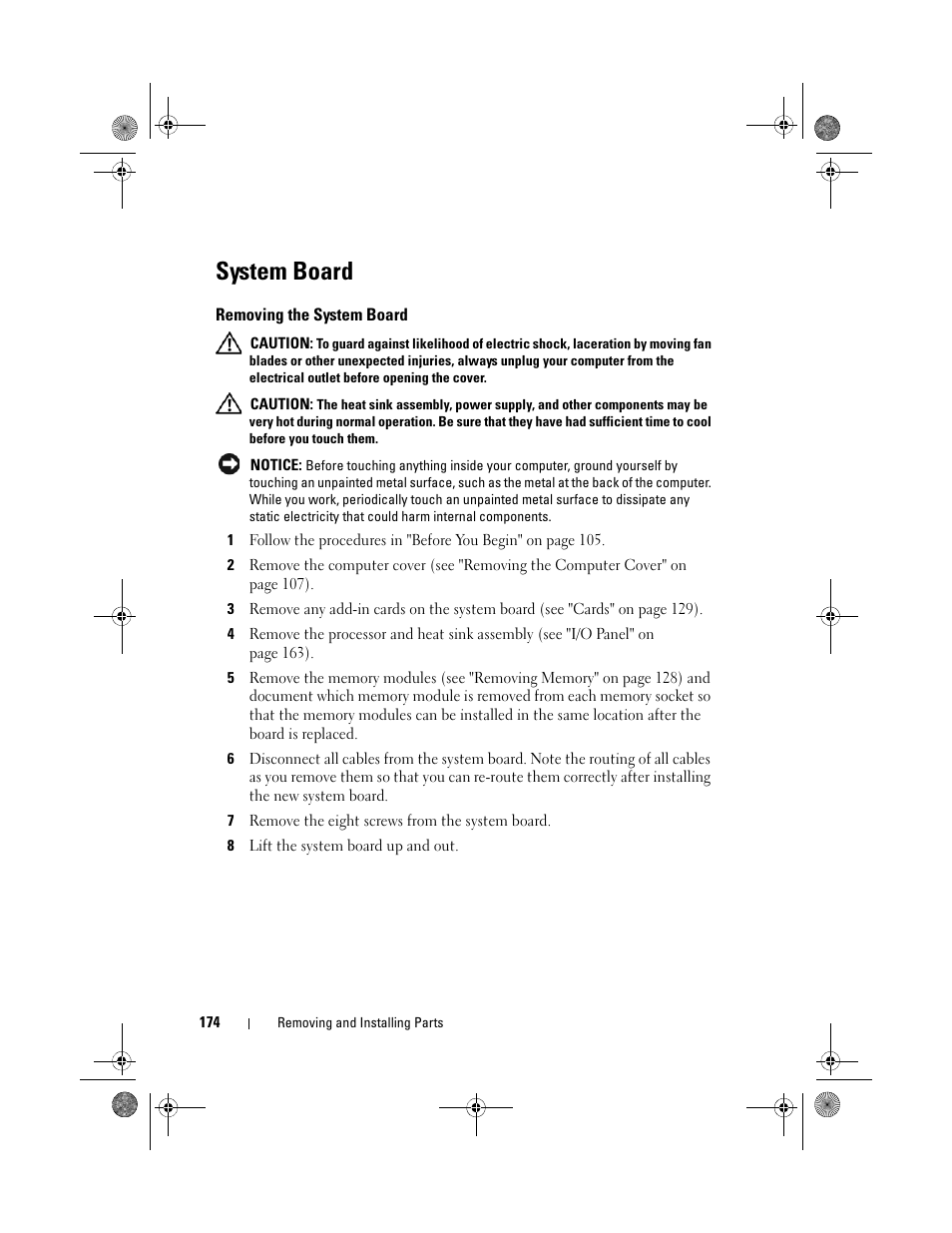 System board, Removing the system board | Dell Inspiron 530 User Manual | Page 174 / 226