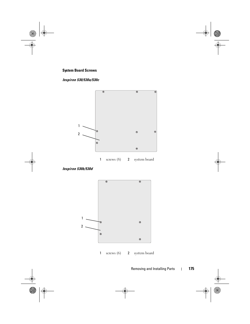 System board screws | Dell Inspiron 530 User Manual | Page 175 / 226