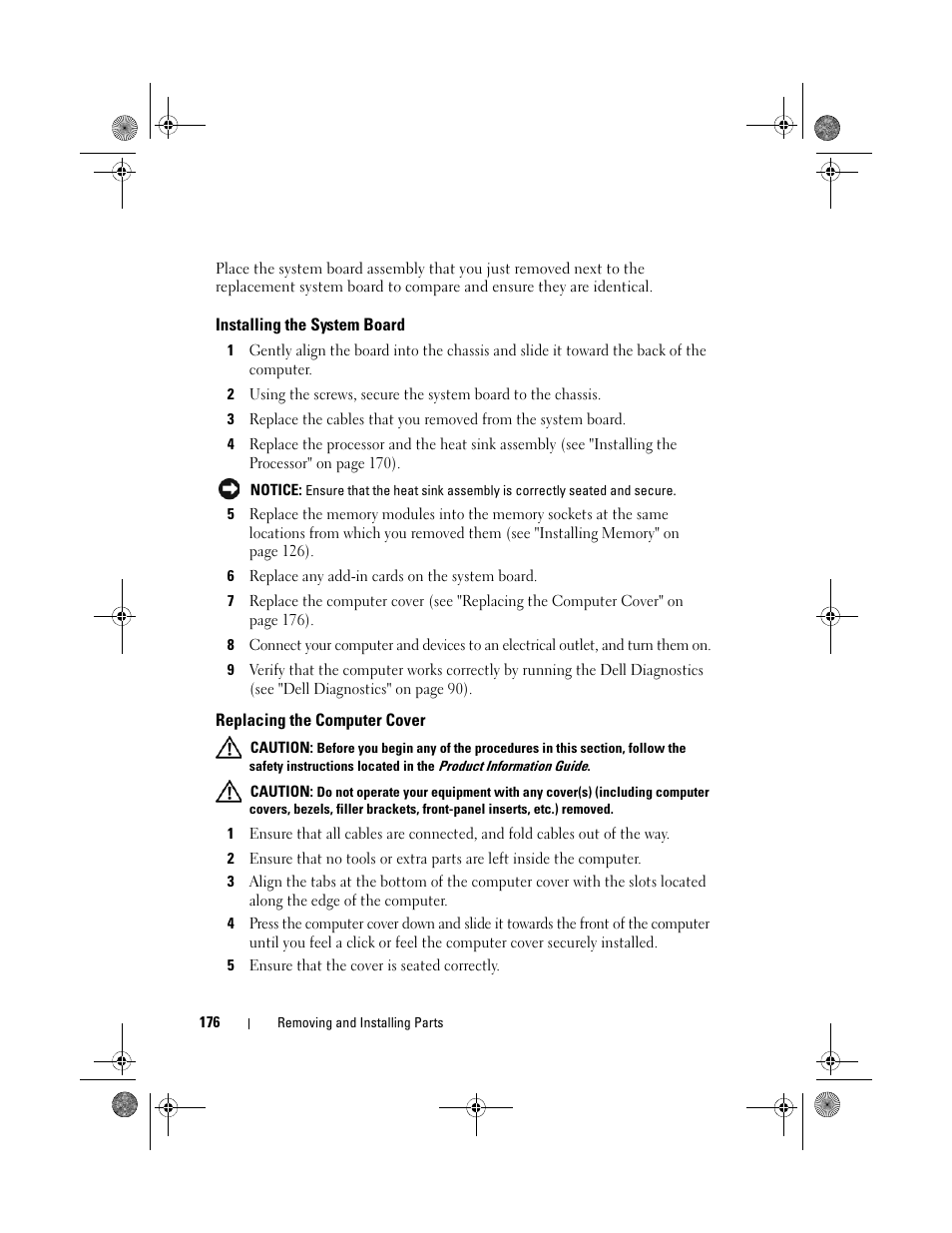 Installing the system board, Replacing the computer cover | Dell Inspiron 530 User Manual | Page 176 / 226