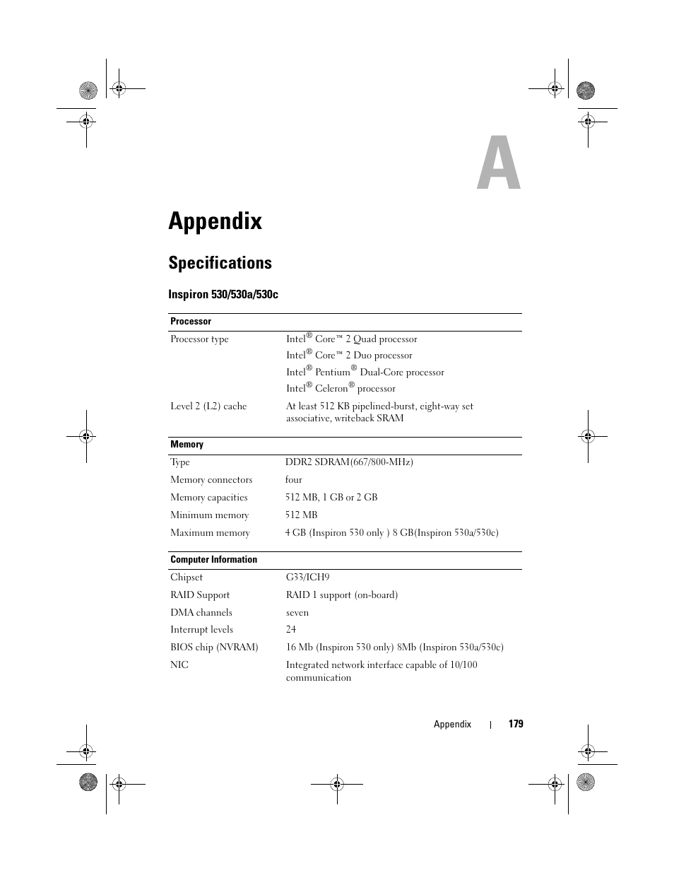 Appendix, Specifications, Inspiron 530/530a/530c | Dell Inspiron 530 User Manual | Page 179 / 226