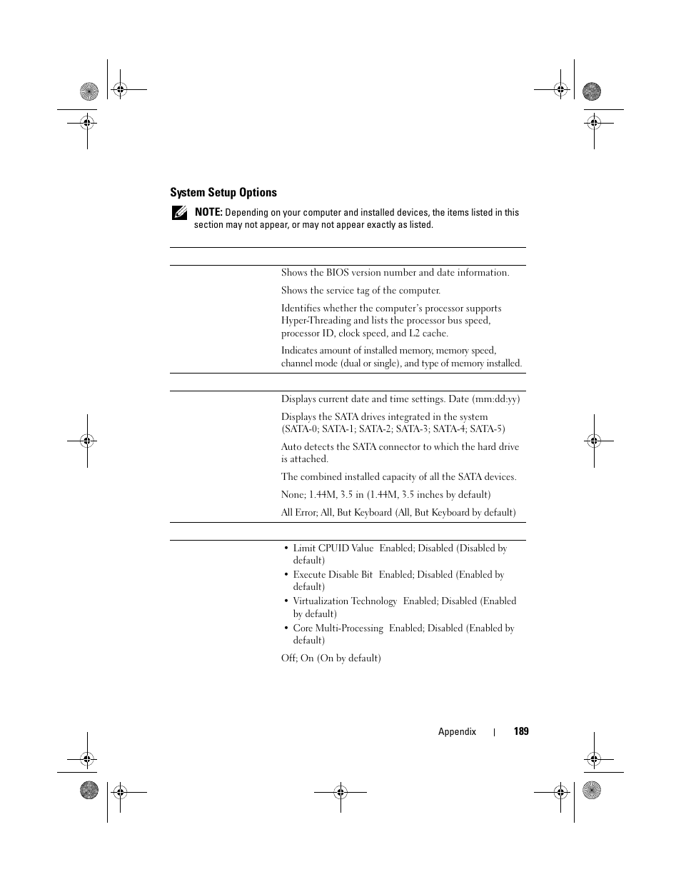 System setup options | Dell Inspiron 530 User Manual | Page 189 / 226