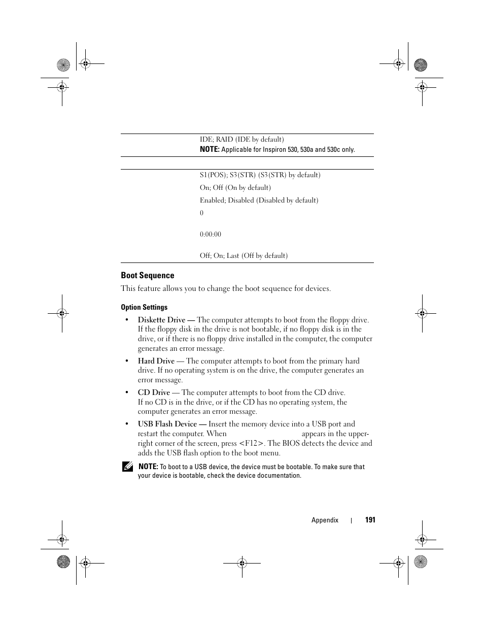 Boot sequence, Option settings | Dell Inspiron 530 User Manual | Page 191 / 226