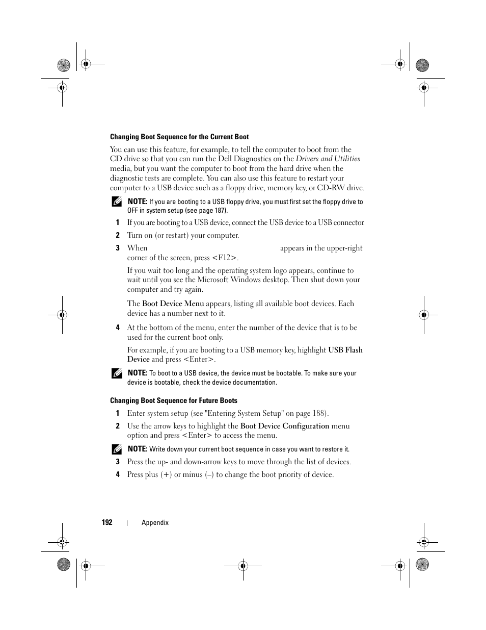 Changing boot sequence for the current boot, Changing boot sequence for future boots | Dell Inspiron 530 User Manual | Page 192 / 226