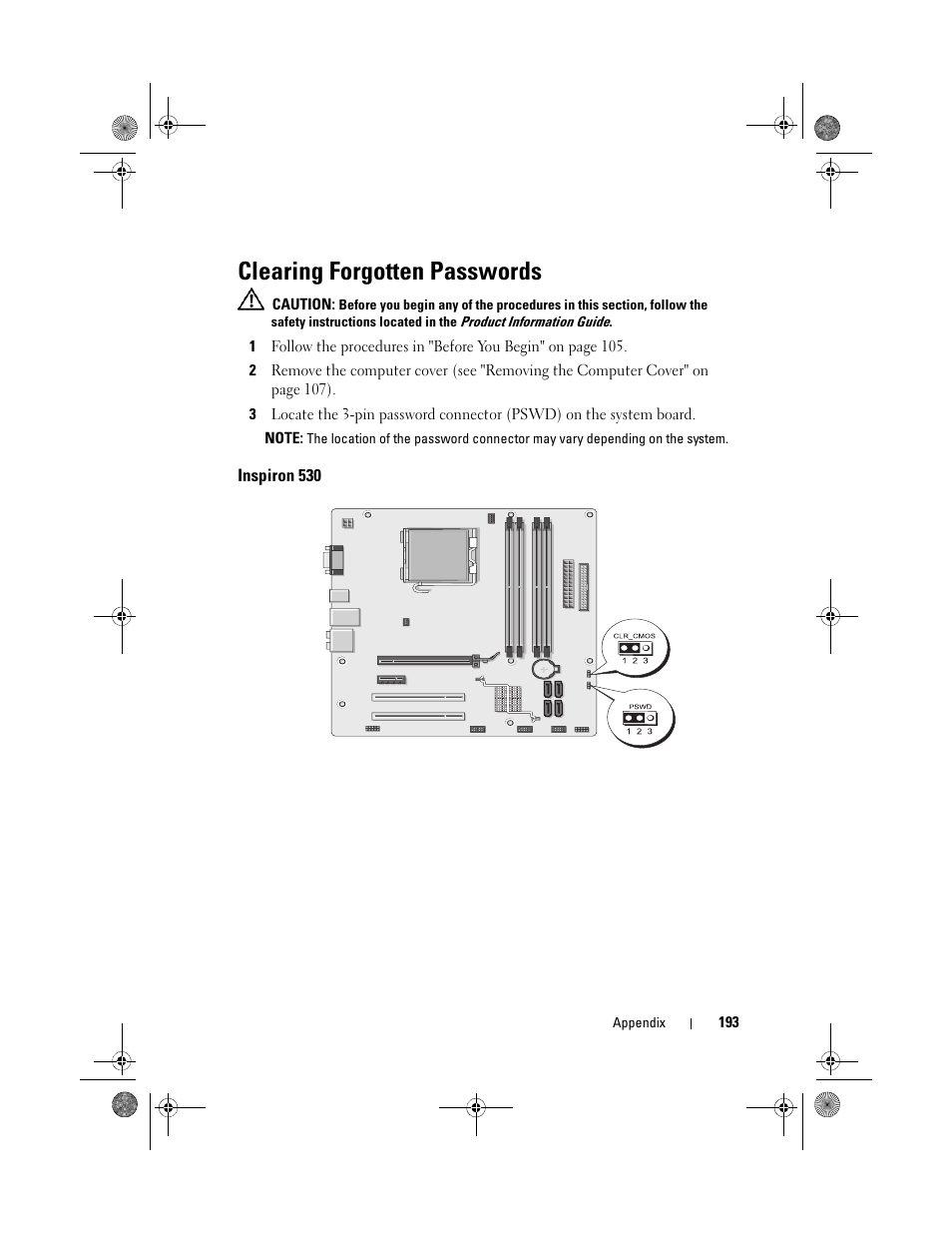 Clearing forgotten passwords, Inspiron 530 | Dell Inspiron 530 User Manual | Page 193 / 226