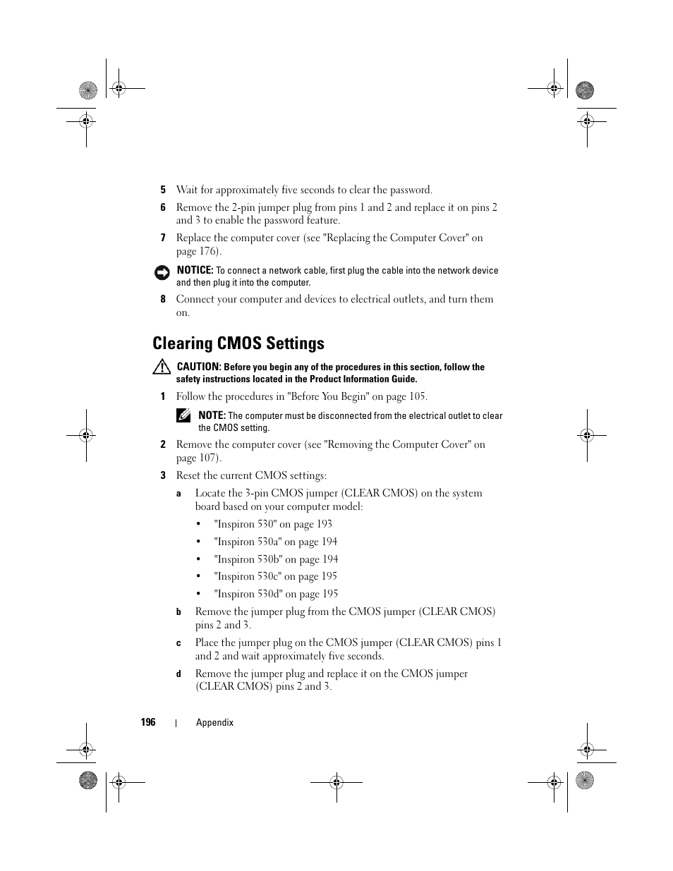 Clearing cmos settings | Dell Inspiron 530 User Manual | Page 196 / 226