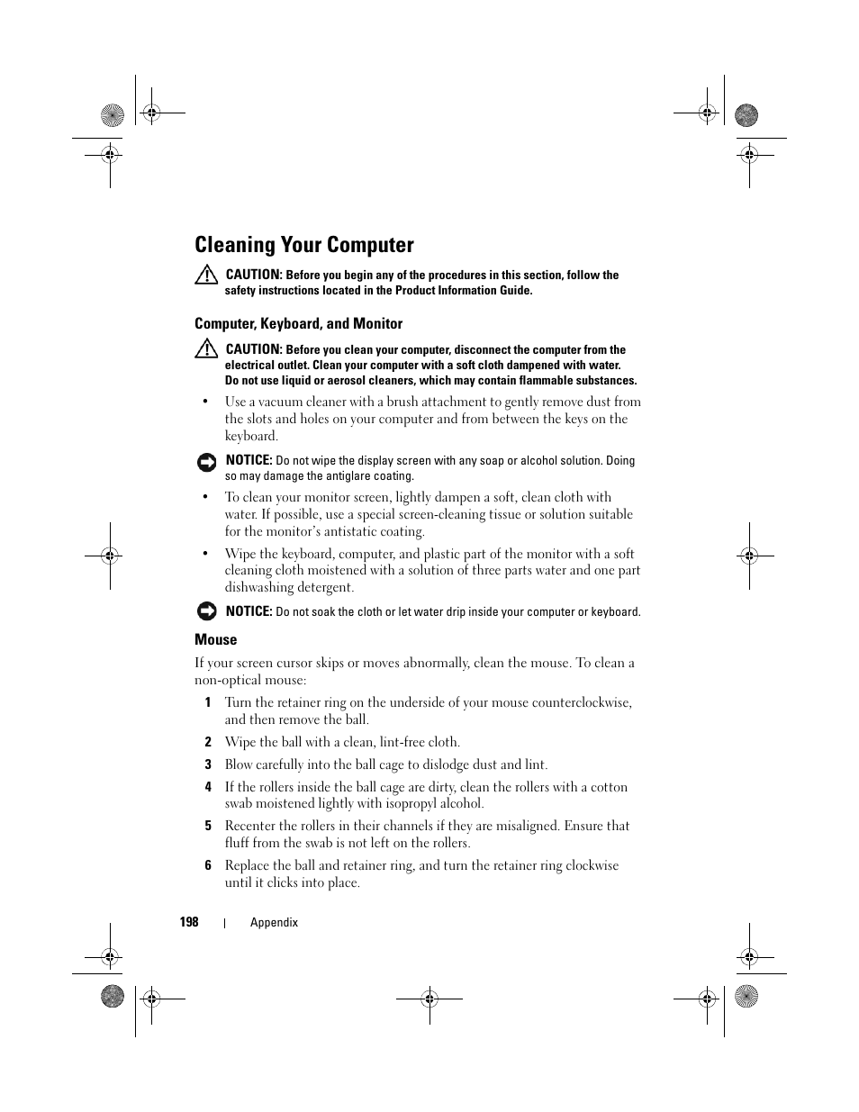 Cleaning your computer, Computer, keyboard, and monitor, Mouse | Dell Inspiron 530 User Manual | Page 198 / 226