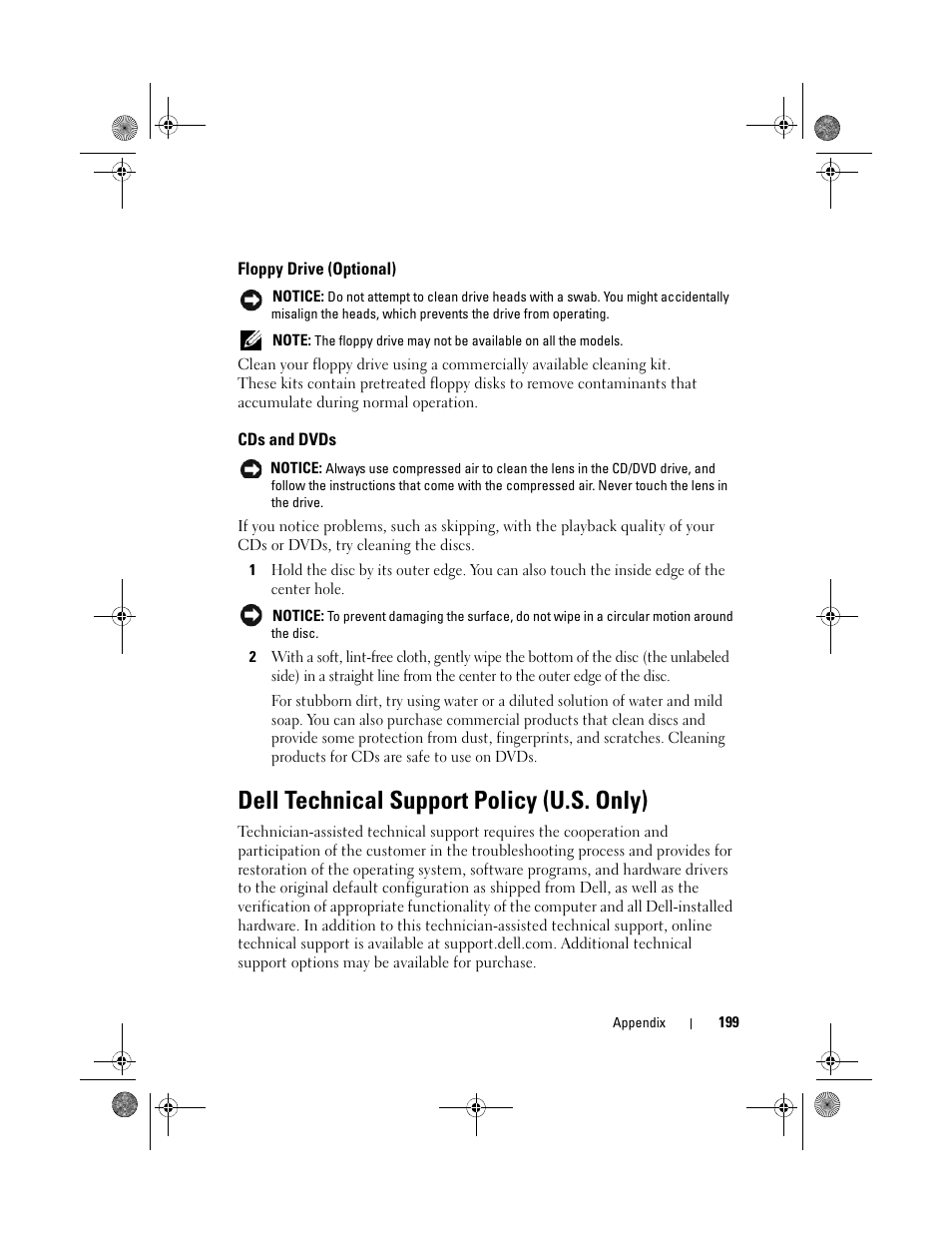 Floppy drive (optional), Cds and dvds, Dell technical support policy (u.s. only) | Dell Inspiron 530 User Manual | Page 199 / 226