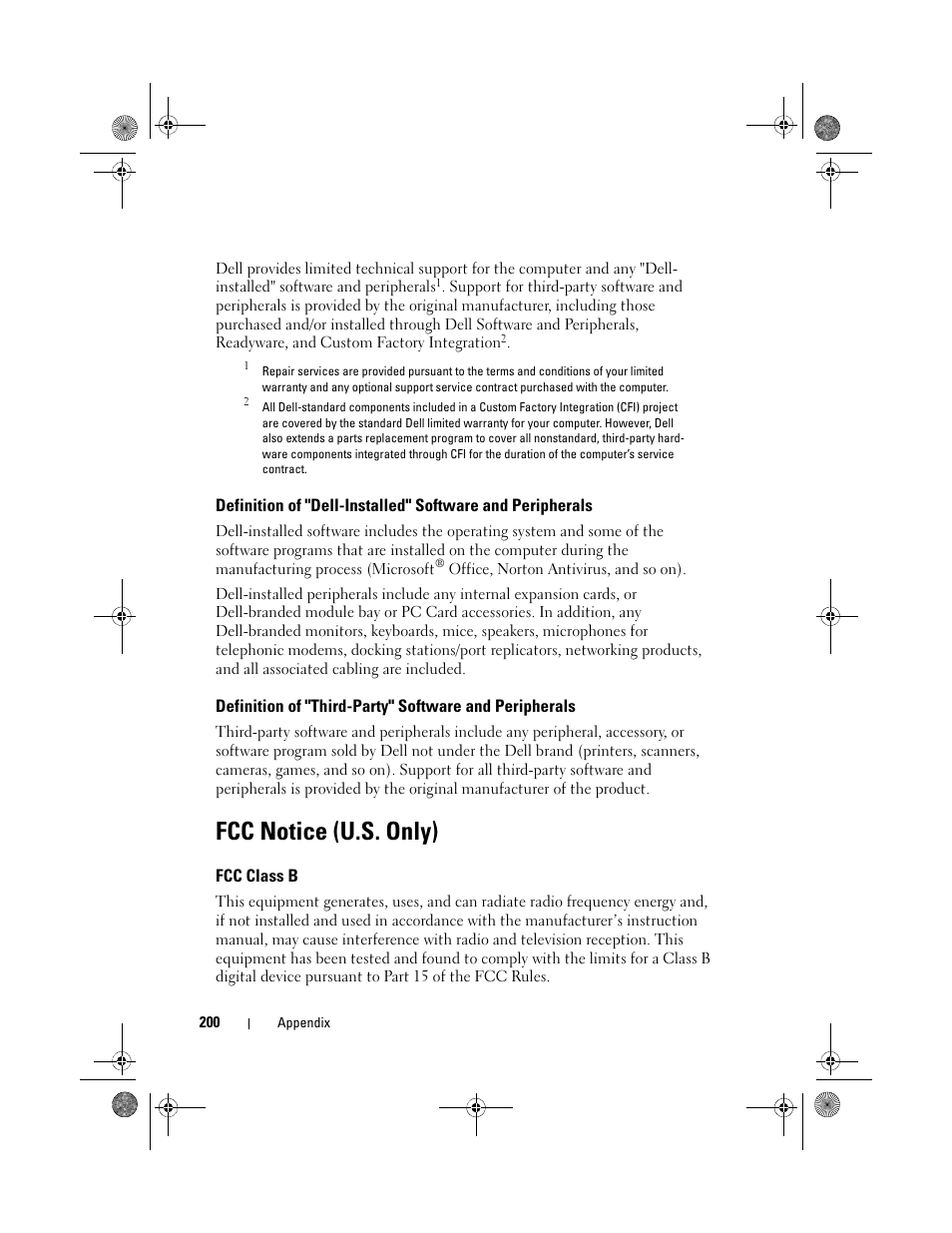 Fcc notice (u.s. only), Fcc class b | Dell Inspiron 530 User Manual | Page 200 / 226