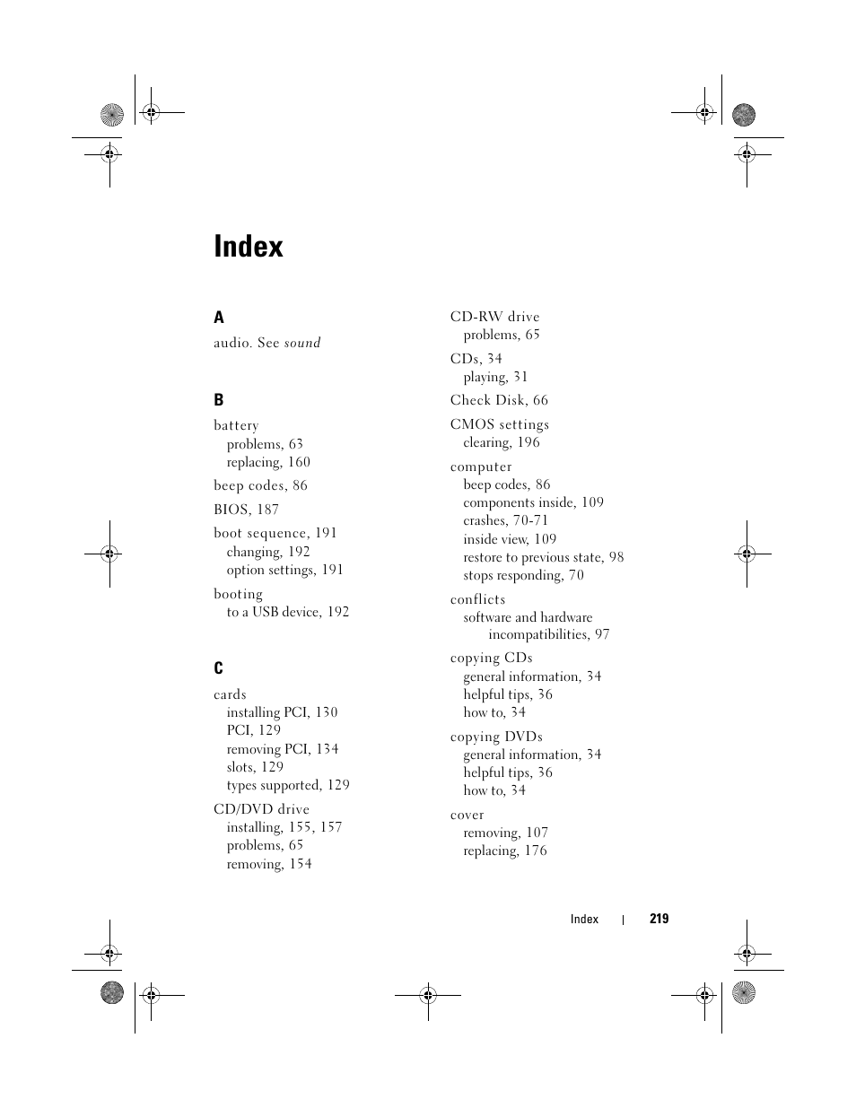Index | Dell Inspiron 530 User Manual | Page 219 / 226