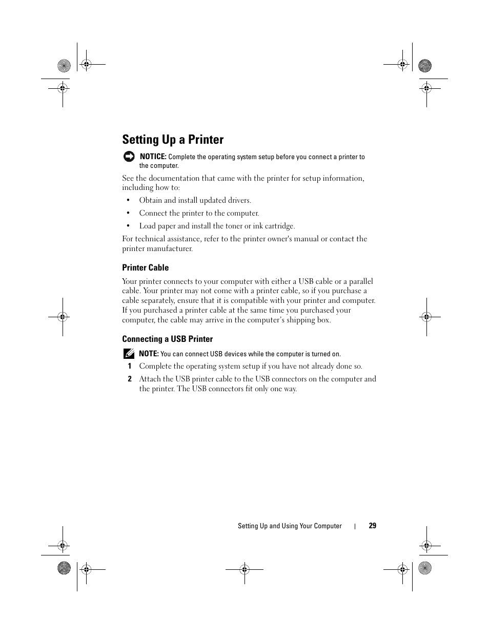 Setting up a printer, Printer cable, Connecting a usb printer | Dell Inspiron 530 User Manual | Page 29 / 226