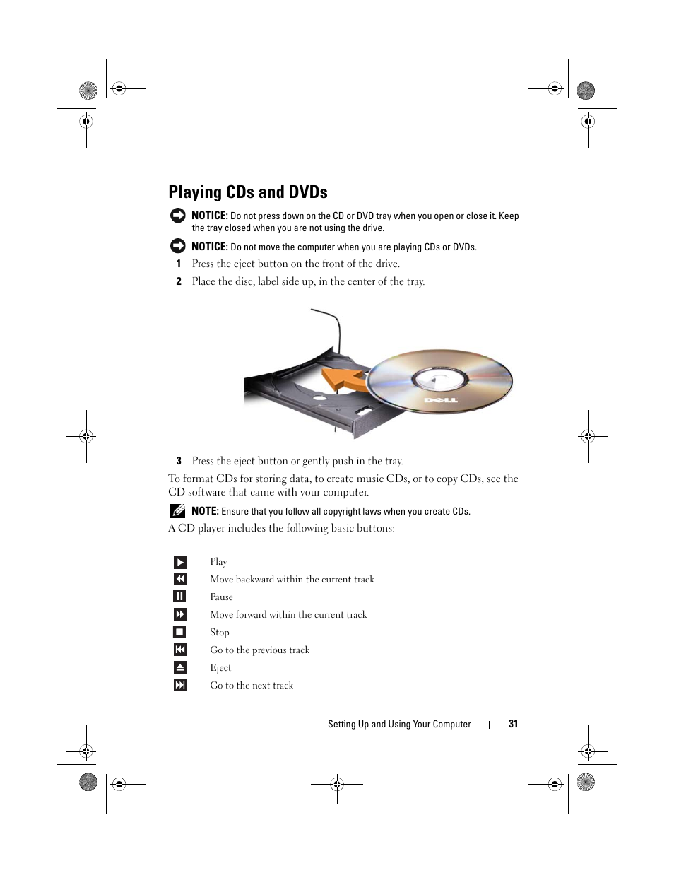 Playing cds and dvds | Dell Inspiron 530 User Manual | Page 31 / 226