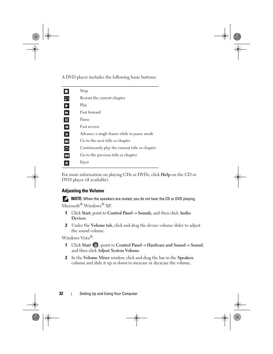 Adjusting the volume | Dell Inspiron 530 User Manual | Page 32 / 226